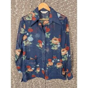 Vintage Loubella Extendables Button Up Collared Shirt Blue Floral Print 1970s‎